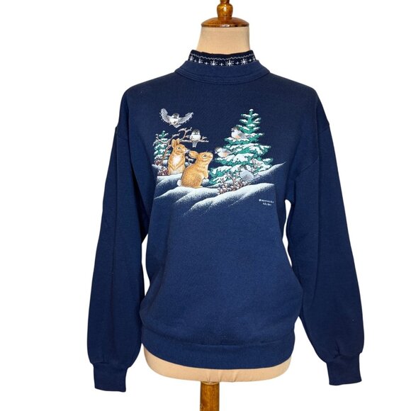Vintage 90s Morning Sun Cottagecore Sweatshirt Bunnies Birds Print Mock Neck Med - Picture 1 of 5